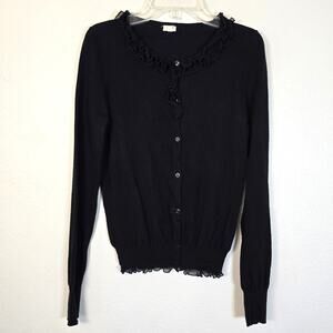 J Crew Cardigan XS Black Cotton Silk Ruffle Elevated Basic Preppy Classic Spring